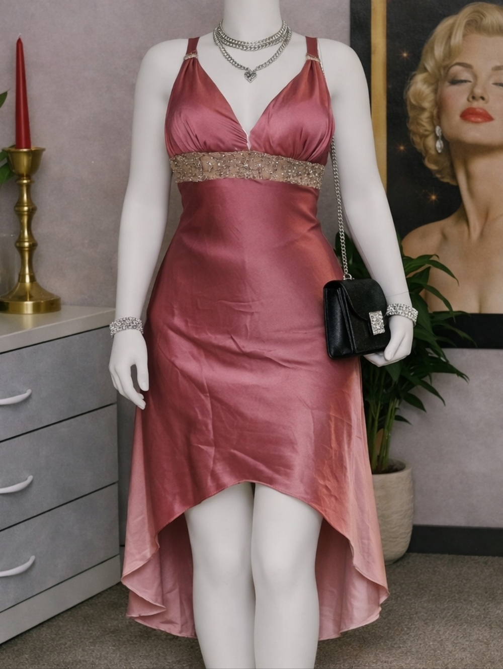 Elite Designs Women’s Small Pink Satin Ombre Formal Gown Embellished Waist